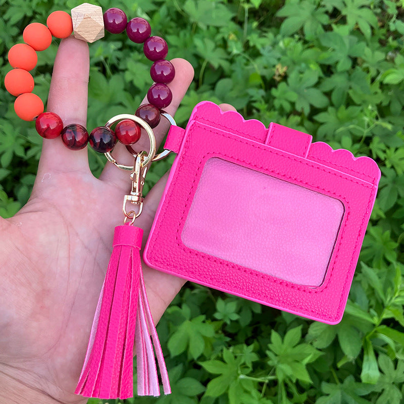 Wholesale Card Holder Pu Tassel Beads Bracelet Wallet Keychain